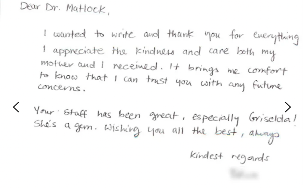thank you letter from Dr. Matlock's patients