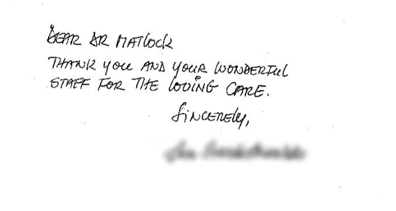 short thank you note from Dr. Matlock's patient
