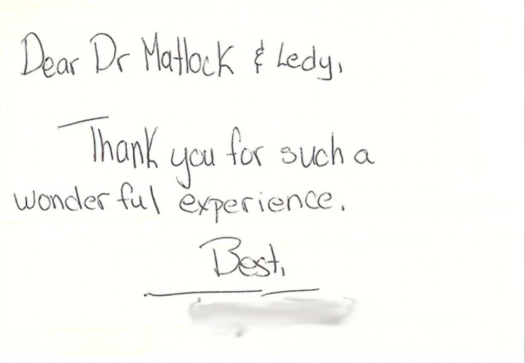 short thank you note from Dr. Matlock's patients